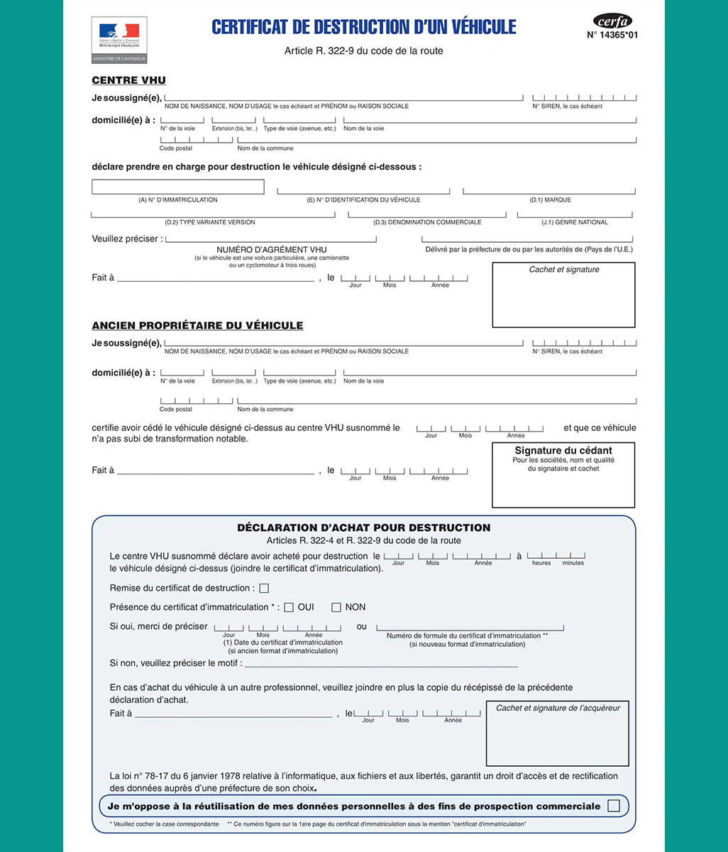 Certificat de destruction du véhicule